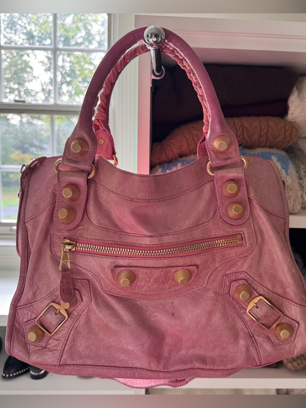 Balenciaga Vintage Blush Pink Leather Shoulder Bag with Gold Accents